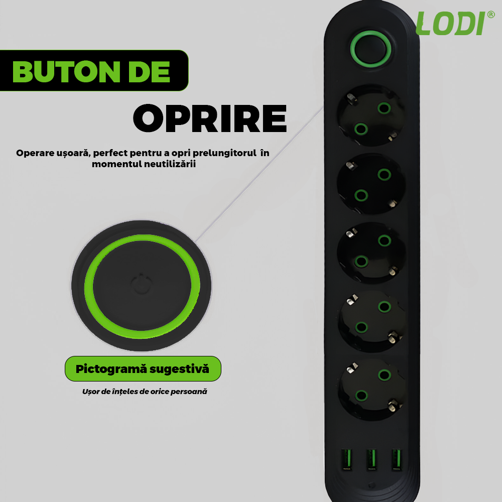 Prelungitor Lodi1279, 5 prize, 3 porturi USB, intrerupator, suport de agatare incorporat, rezistent la temperaturi inalte, universal, lungime 3 metri, negru