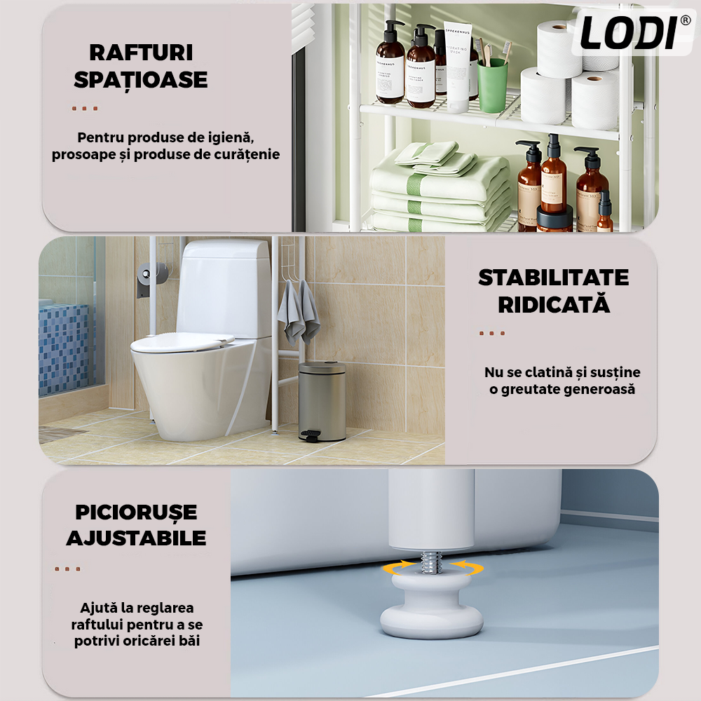 Raft de Depozitare pentru Baie Lodi1242, peste toaleta/ masina de spalat rufe, 3 rafturi, picioruse ajustabile, rezistent si stabil, ideal pentru prosoape sau produse de igiena, metal, 160 x 25 x 65 cm, albetalic, 10