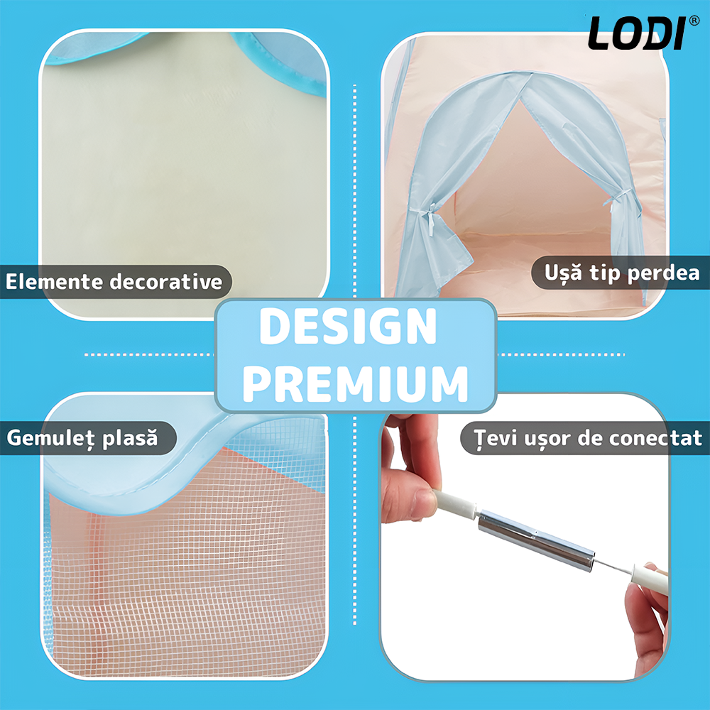 Cort de Joaca pentru Copii tip Casuta Lodi652, covoras inclus cu 2 fete, usa tip perdea, geamuri cu plasa, usor de montat, interior/exterior, albastru
