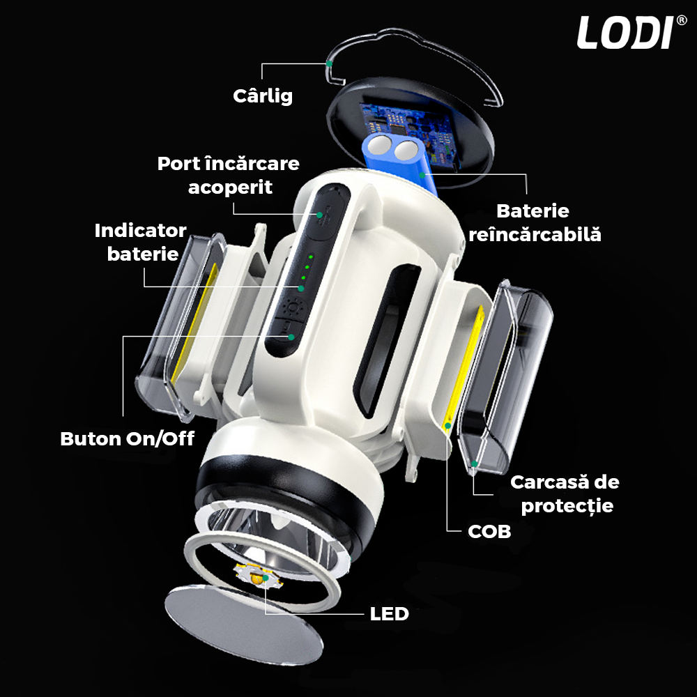 Lanterna LED 2 in 1 Lodi1082, tip felinar, multifunctionala, 3 surse de lumina, luminozitate ajustabila, functie de power bank, alimentare la retea, tehnologie LED+COB, alb