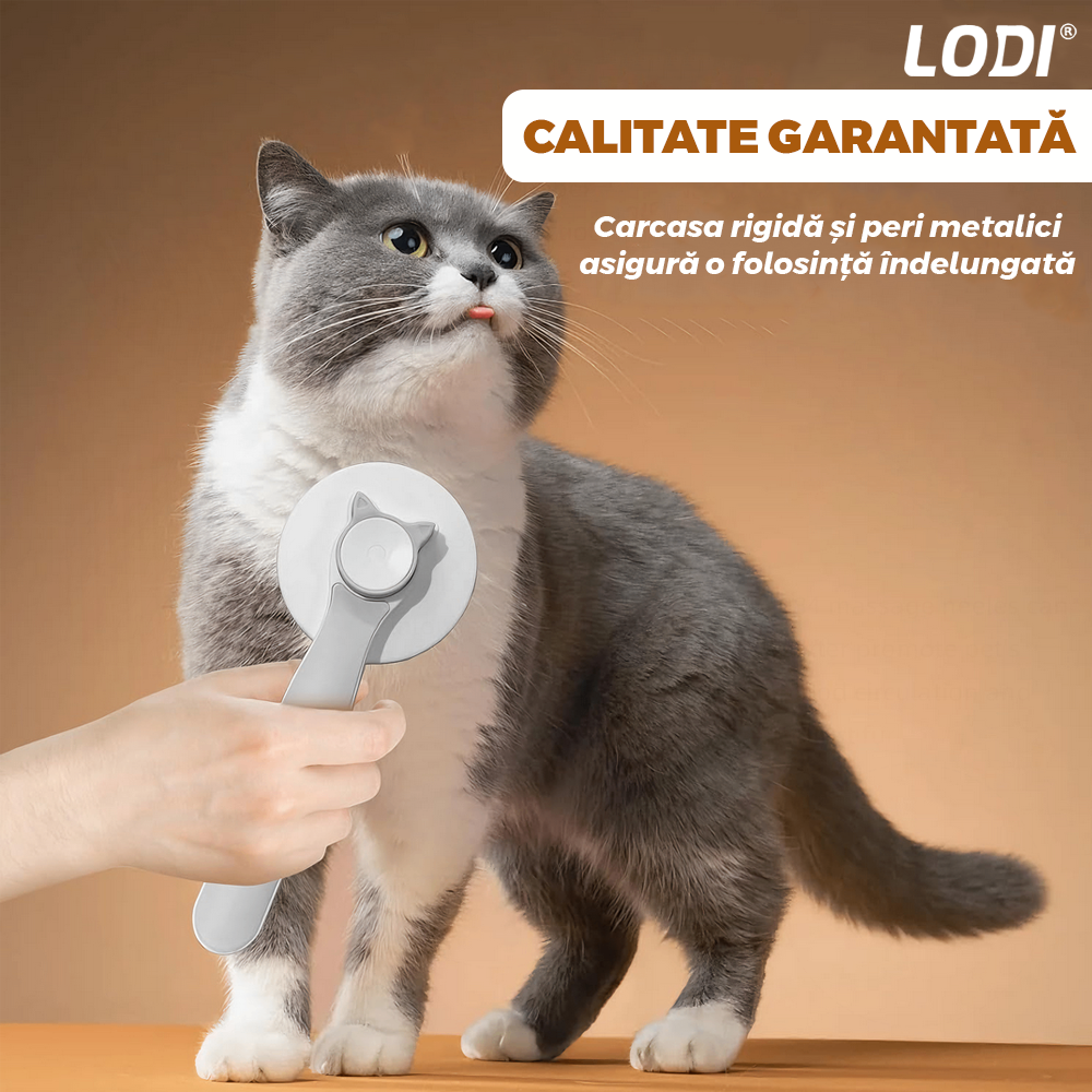 Perie pentru Curatarea si Ingrijirea Animalelor Lodi1129, buton auto-curatare, descalcire si prevenire naparlire, ingrijire si tundere blana, materiale calitative, 18.5 x 7.5 cm, alb