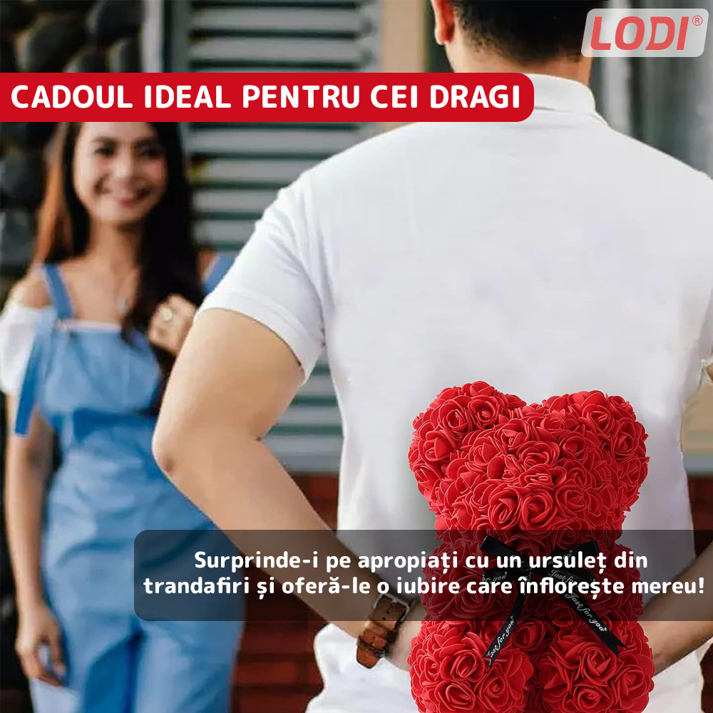Ursulet din Trandafiri de Spuma Lodi330, floral rosu, handmade, cutie transparenta, 25 cm