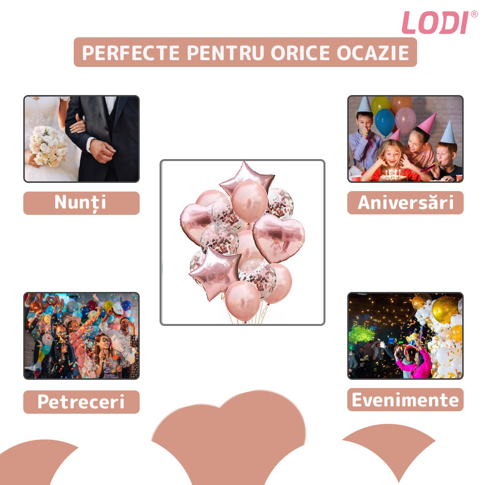 Set 14 Baloane Lodi304, Confeti, pentru Petreceri/Aniversari/Evenimente, Stea/Inima/Rotunde, 3 culori, latex, roze gold