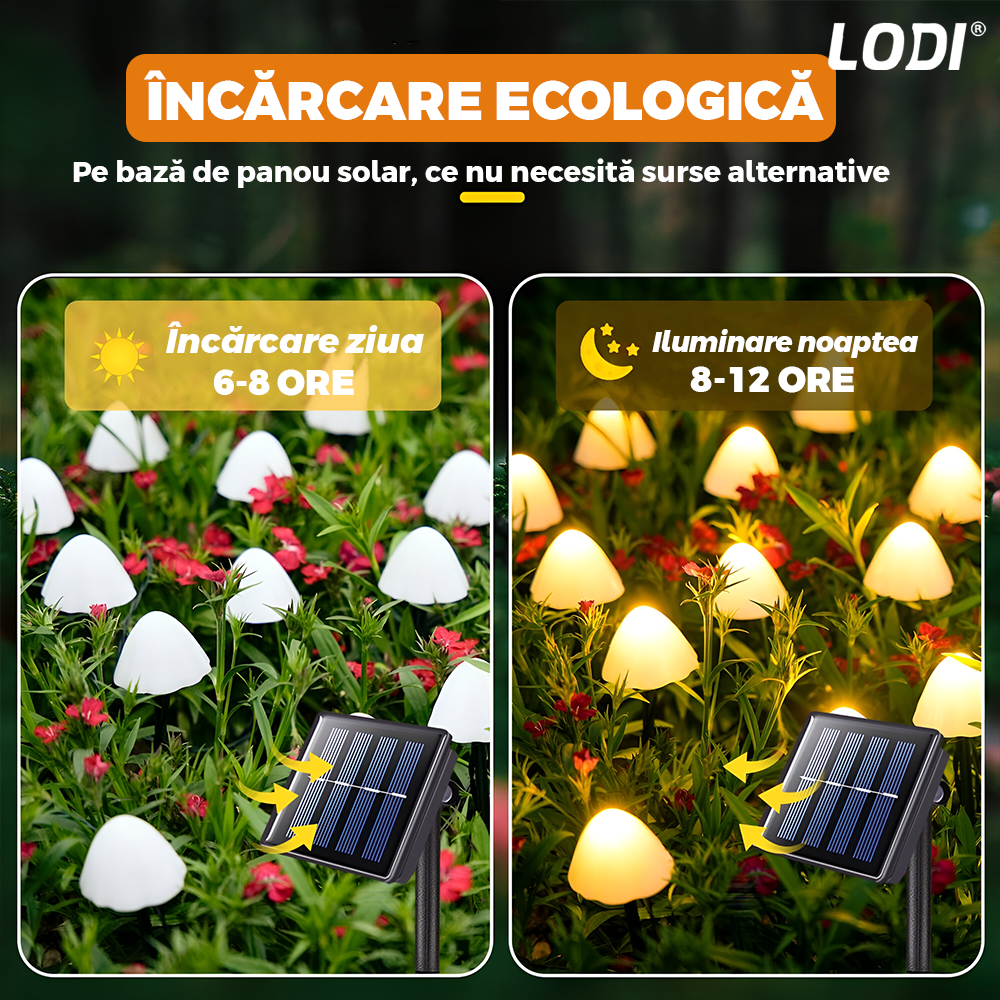Set 10 Lampi Solare Tip Ciuperca Lodi1261, ghirlanda cu fixare la sol, panou solar, protectie Ip 65, aspect realistic, becuri LED, 8 moduri de iluminare, alb cald