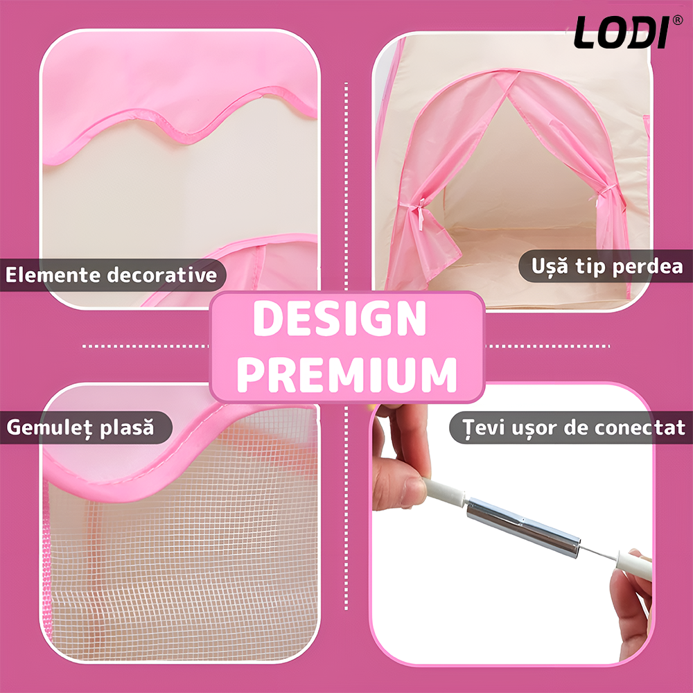 Cort de Joaca pentru Copii tip Casuta Lodi651, covoras inclus cu 2 fete, usa tip perdea, geamuri cu plasa, usor de montat, interior/exterior, roz