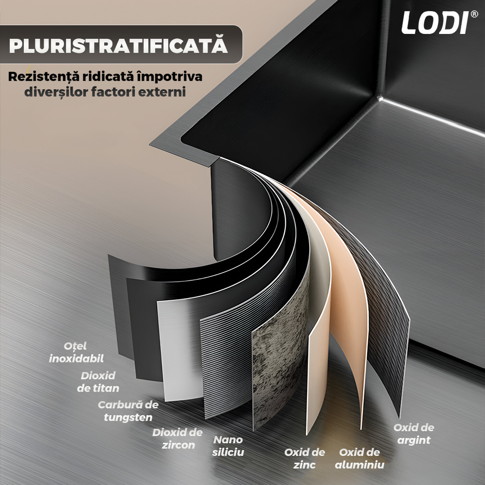 Chiuveta Multifunctionala pentru Bucatarie Lodi1218, materiale premium, baterie extensibila cu furtun de 60 de cm, rotire 360°, dozator de sapun inclus, scurgator de vase detasabil, adanca, usor de montat, negru mat