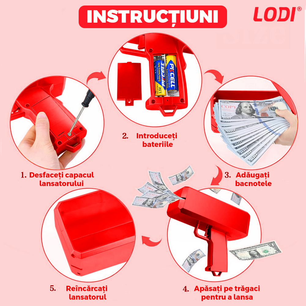 Pistol de Lansat Bani Lodi1131, pentru petreceri si aniversari, carcasa rezistenta, autonomie pe baterii, capacitate 300 de bacnote, rosu