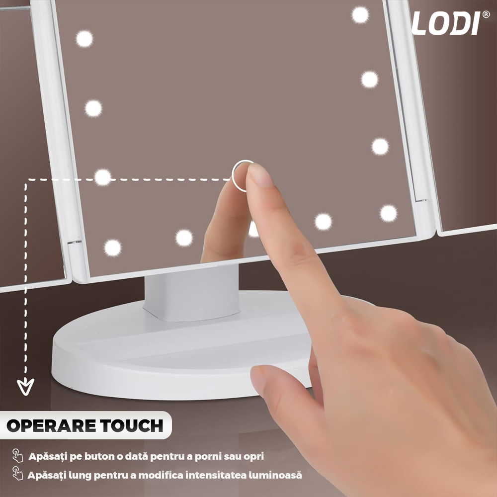 Oglinda Cosmetica pentru Machiaj Lodi1455, 4 moduri de marire, 22 becuri LED, control tactil, pliabila, rotativa la 180 de grade, alimentare pe baterii sau USB, suport de machiaje, alb