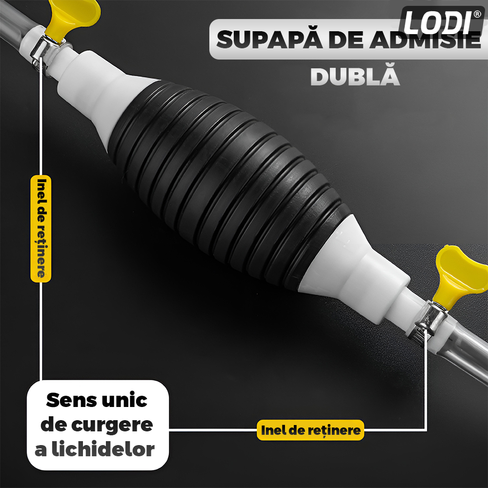 Pompa Manuala pentru Transfer Lichide Lodi995, cleme prindere, tip sifon, furtun 1, 5m lungime, anti-scurgere, materiale calitative, negru-alb
