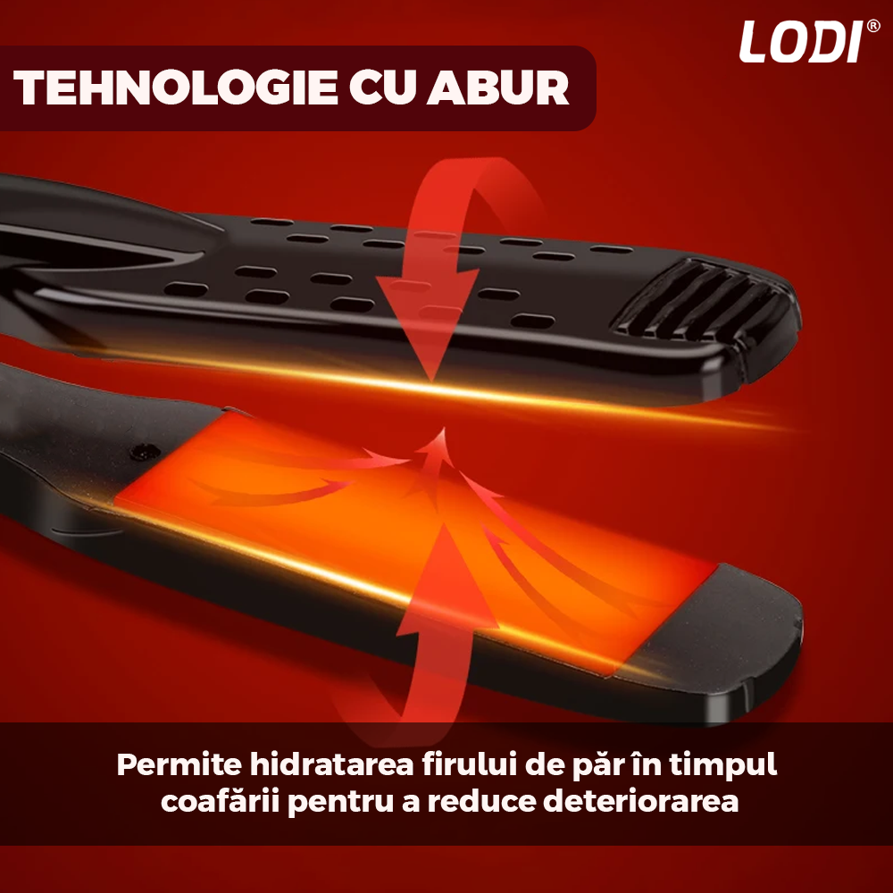 Placa profesionala de indreptat parul Lodi456, invelis ceramic, tehnologie cu abur, easy lock, par umed si uscat, 210°, rosu