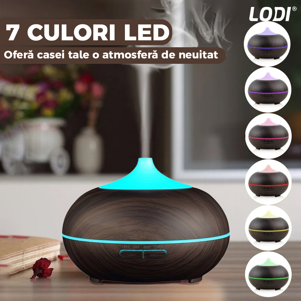 Difuzor Aromaterapie Lodi212, 7 culori LED, 2 jocuri de lumini, control prin telecomanda, capacitate 500ml, silentios, umidifica aerul, stejar inchis