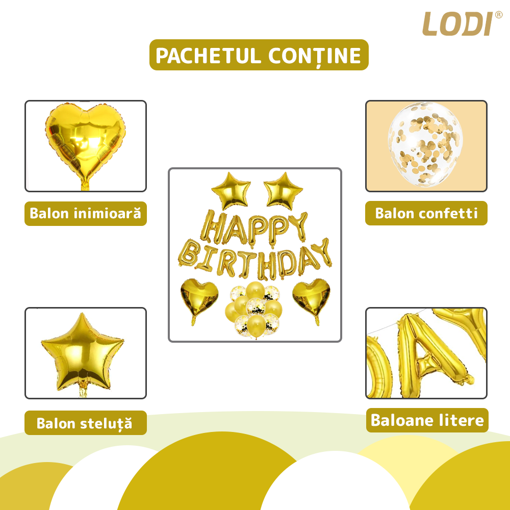 Set 27 Baloane Lodi768, Litere, pentru Petreceri/Aniversari/Evenimente, confetti, stelute, inimioare, model HAPPY BIRTHDAY, gold