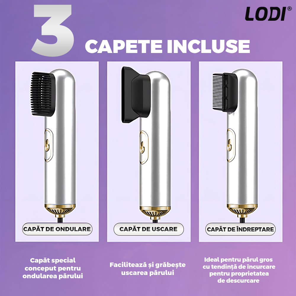 Uscator Profesional de Par 3 in 1 Lodi1084, aparat multifunctional coafare si uscare, 3 accesorii incluse, 1200W, alb
