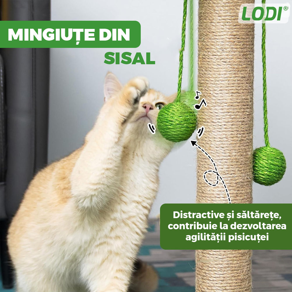 Ansamblu de Joaca pentru Pisici in Forma de Palmier Lodi1142, tip turn, 1 nivel, franghie si mingiute de joaca, stalpi pentru zgariat, captuseala extra moale, structura stabila, 85 cm, verde