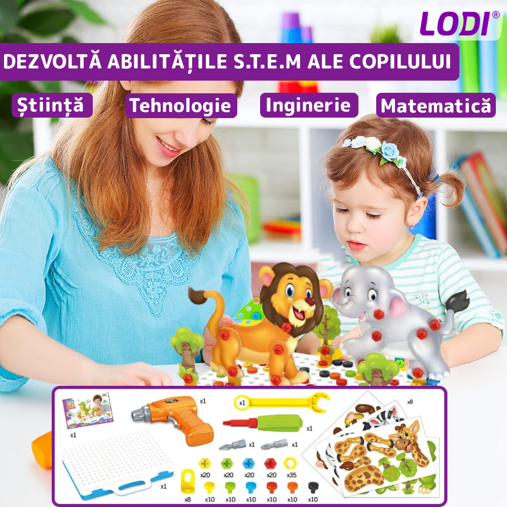 Jucarie Educativa si Interactiva 4in1 Lodi512, 198 piese, bormasina pentru inginerie, pentru fete si baieti, manual inclus, puzzle 3D/2D, dezvoltare STEM, montessori, multicolor