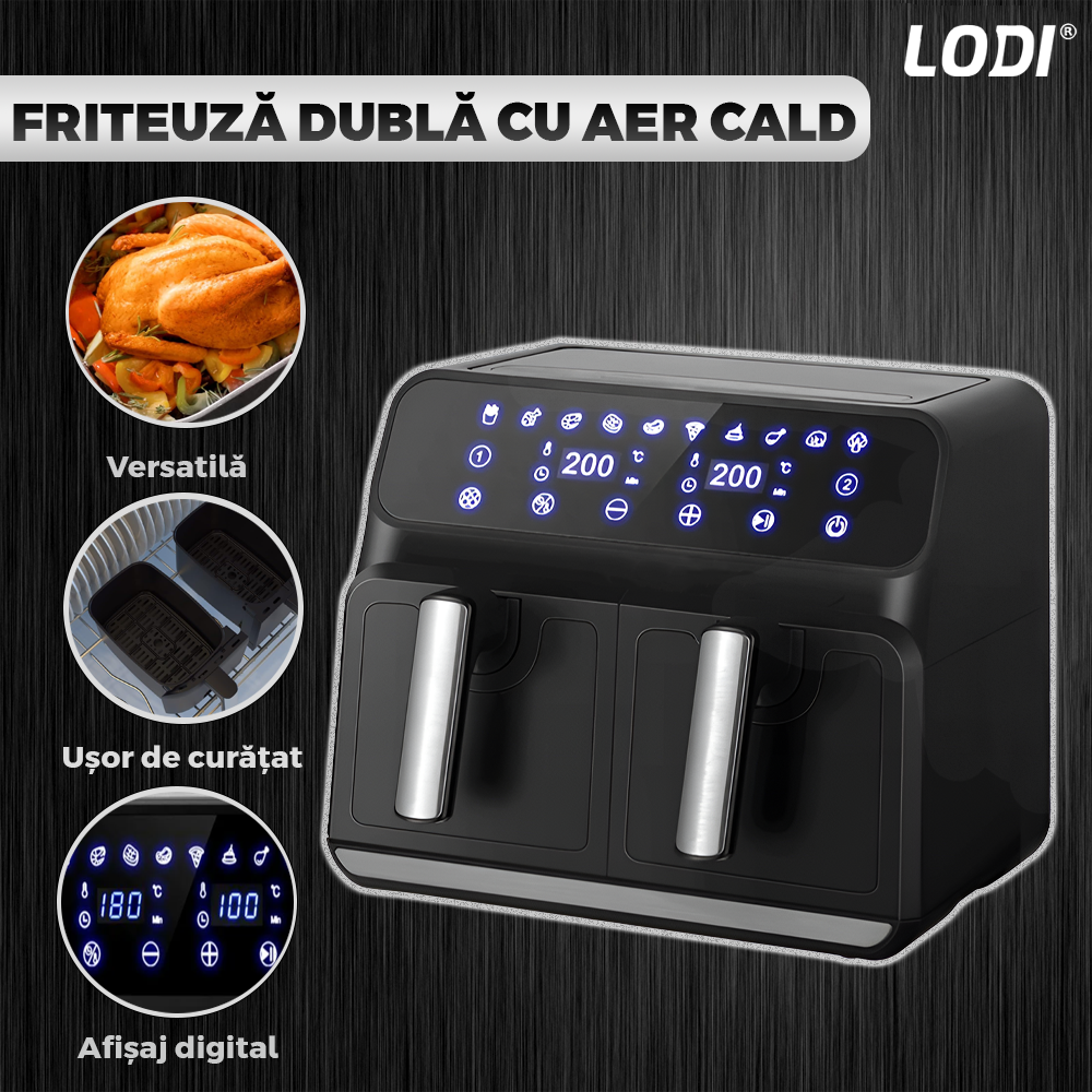 Friteuza Dubla Fara Ulei Air Fryer Lodi753, tehnologie smart sensing, programe smart chef automate, afisaj digital, capacitate 8 L, tehnologie de eliminare a grasimii, functie de pastrare la cald,tensiune alimentare 220-240 V, culoare negru
