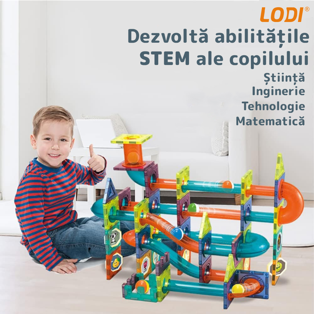 Set Inteligent si Creativ Magnetic 3D Lodi113, 96 Piese, traseu cu bile, creativ, numeroase posibilitati de construit, dezvoltarea abilitatilor motrice si a imaginatiei, multicolor
