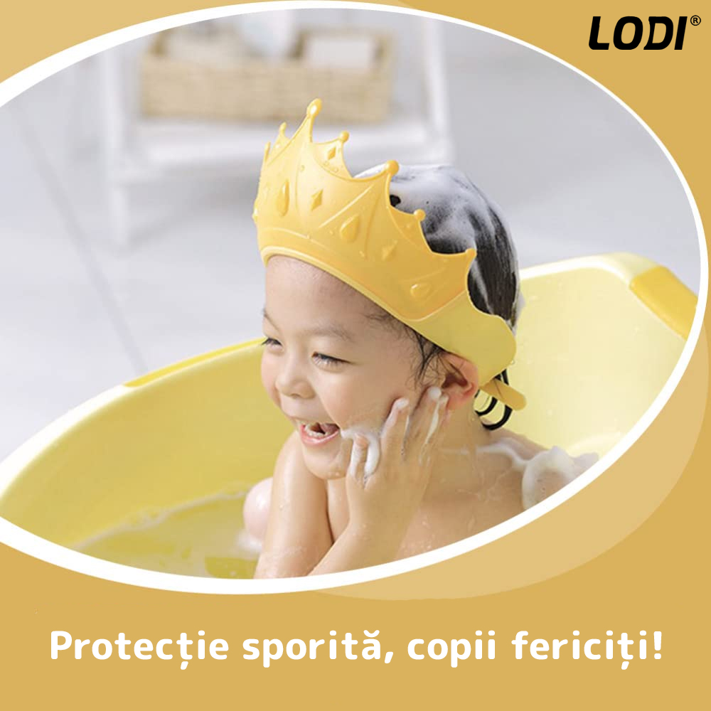 Palarie de Baie pentru Copii Lodi217, protectie impotriva samponului pentru ochi si urechi, reglabila, forma coroana rege/regina, galben