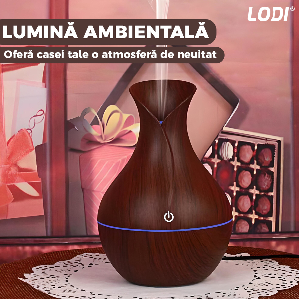 Difuzor Aromaterapie Lodi220, lumini ambientale, control tactil, capacitate 200ml, silentios, rezerva inclusa, alimentare USB, umidifica aerul, stejar inchis