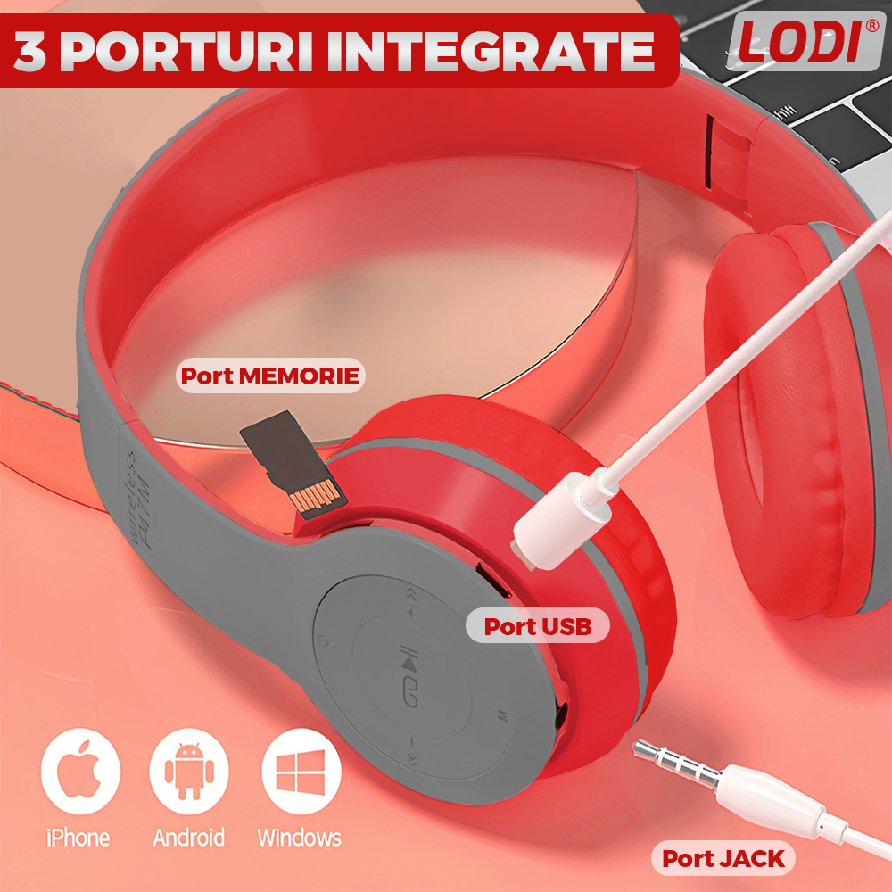 Casti Wireless Lodi956, P47, overear, bluetooth 5.0, 3 porturi integrate, handsfree, HiFi, bass stereo, gri/rosu