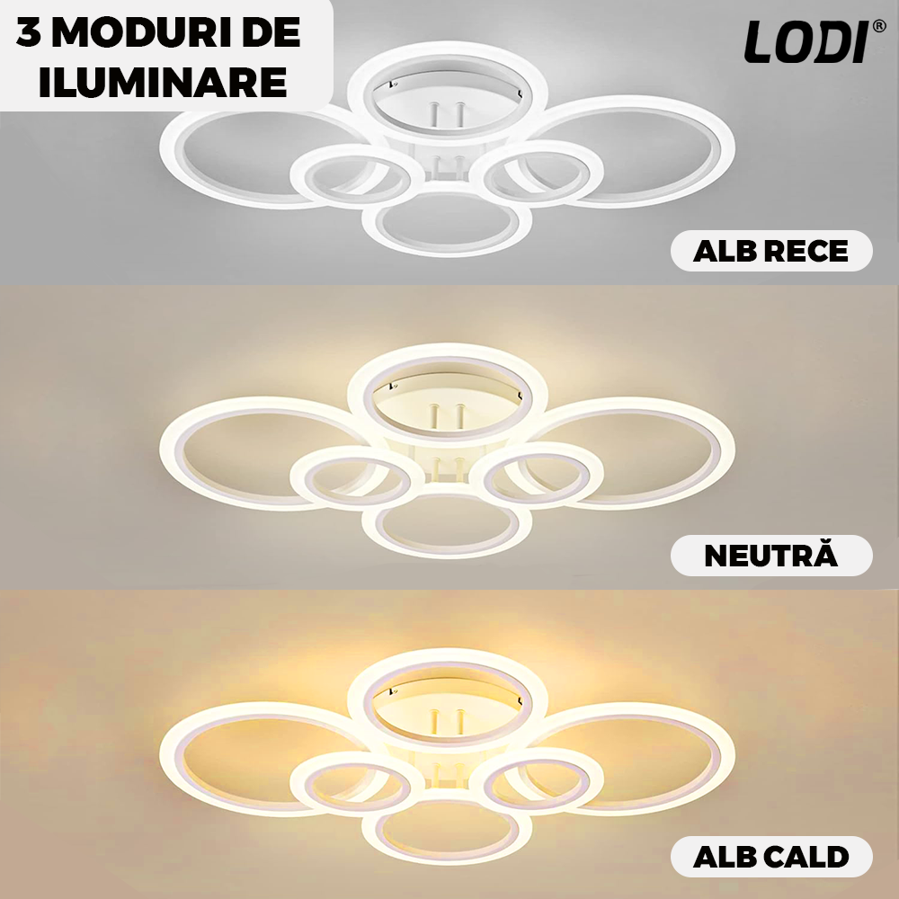 Lustra LED 6 Cercuri Lodi426, dimabila cu telecomanda, 3 tipuri de lumina, intensitate ajustabila, lumina alba rece, neutra, alba cald, putere 160 W, 55 cm