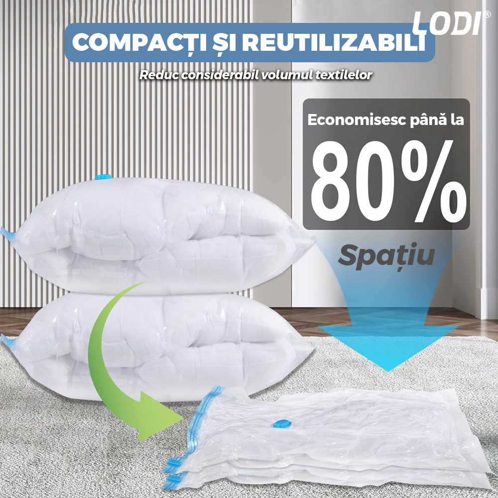 Set 12 Saci de Vidat Lodi1414, pentru imbracaminte, pilote, perne, rezistenti, valva tripla, materiale calitative, protectie waterproof, reutilizabili, vidare prin vacuum, 4 marimi, transparent/albastru
