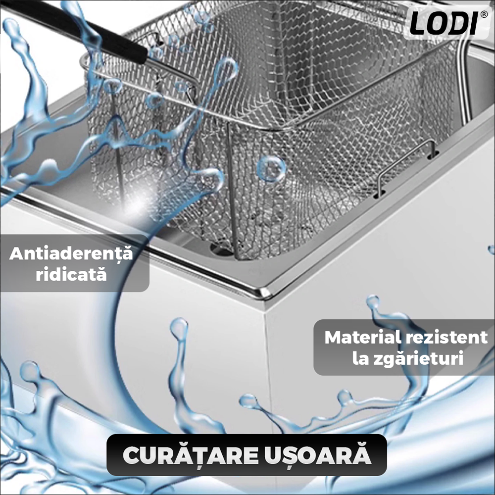 Friteuza Electrica Comerciala Lodi1110, un rezervor, usor de curatat, cos auto-strecurabil, blat din otel inoxidabil, capac pentru prevenirea stropirii, capacitate 10L, gri