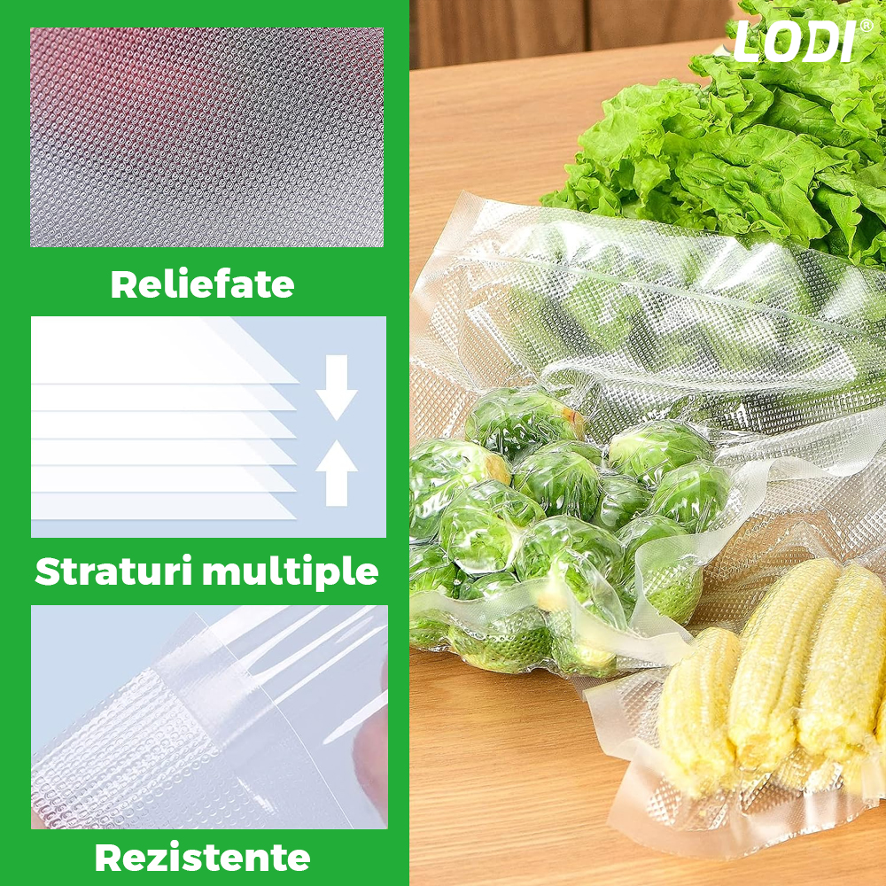 Set de Role Folii pentru Vidat Universale Lodi, 5m x 20cm, compatibile cu orice aparat de vidat, gofrate, reutilizabile, rezistente la caldura, transparente