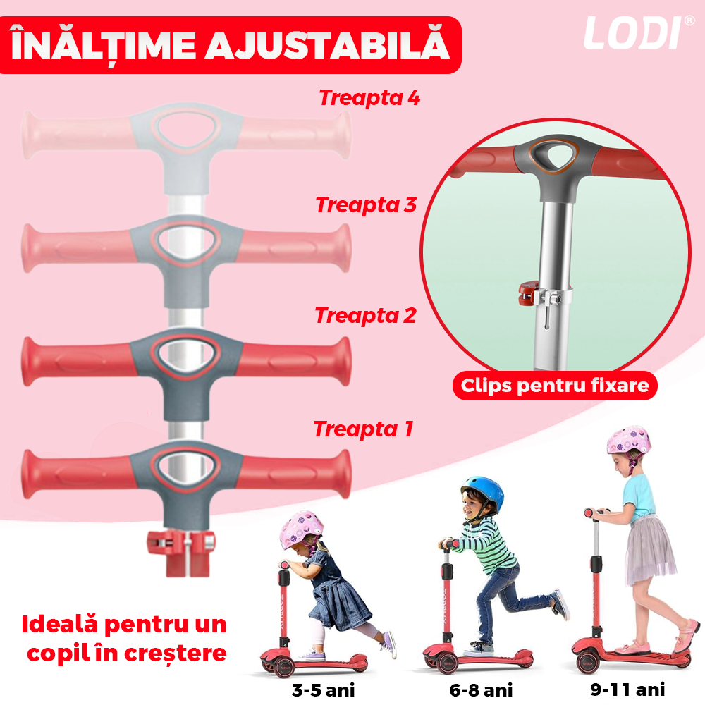 Trotineta pentru Copii cu Lumini Lodi1049, 3 roti, pliabila, anti-aluncare, inaltime ajustabila, stabila, frana, incorporata, 3-11 ani, rosu
