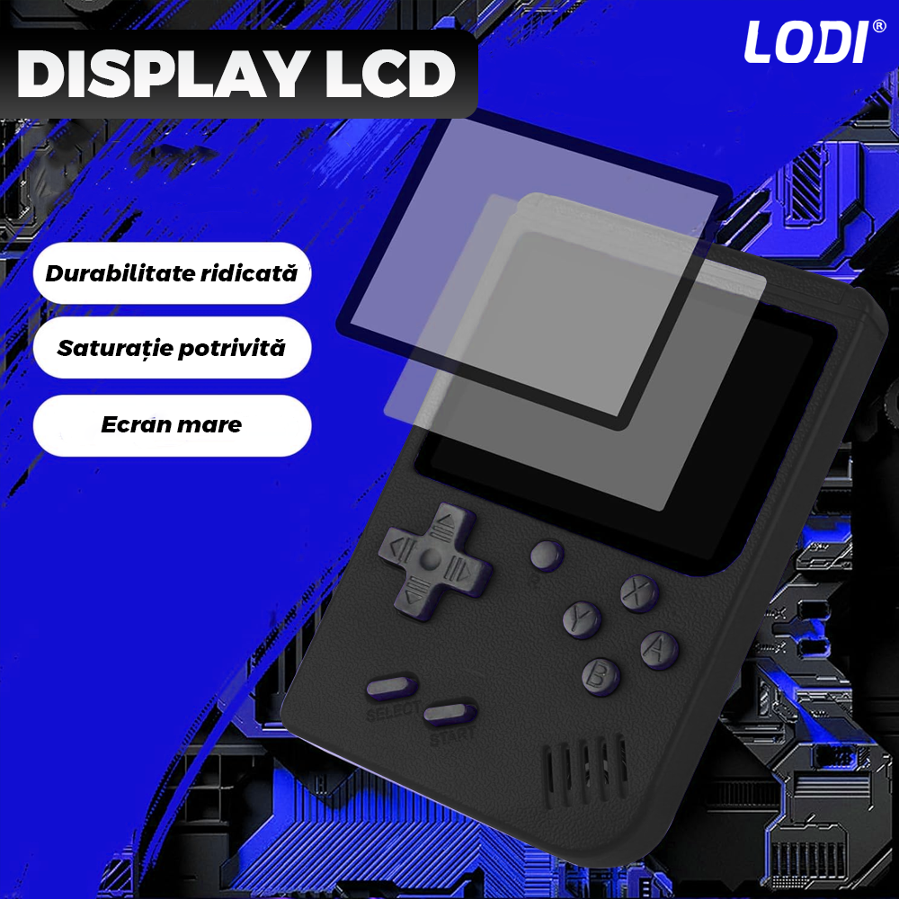 Mini Consola Jocuri Retro Game Box Lodi1500, SR-90, 400 in 1, rotita volum, portabila, cablu AV, incarcare USB-MINI, autonomie ridicata, 11x8 cm, negru