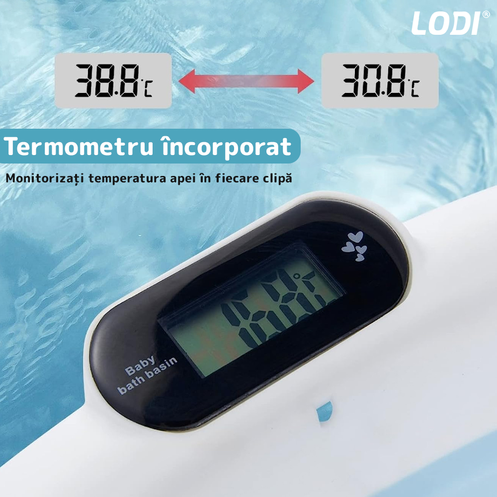 Cadita cu Pernuta pentru Bebelusi Lodi42, termometru digital incorporat, pliabila, dop de scurgere, picioare anti-alunecare, design ergonomic, 75 x 45 x 22 cm, albastru