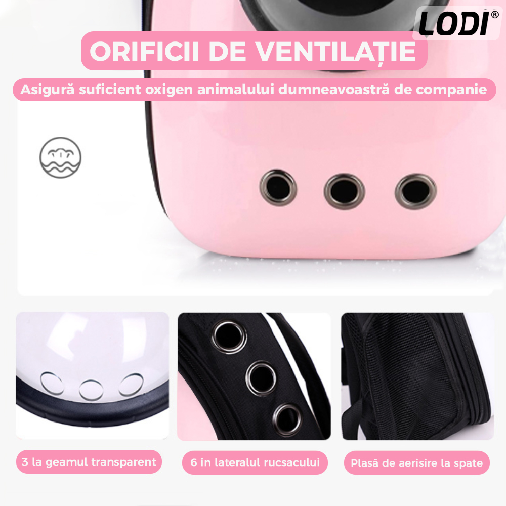 Rucsac Transport Animale Lodi23, greutate Max 7kg, hublou transparent, buzunar lateral, accesorii incluse, pentru talie mica, roz