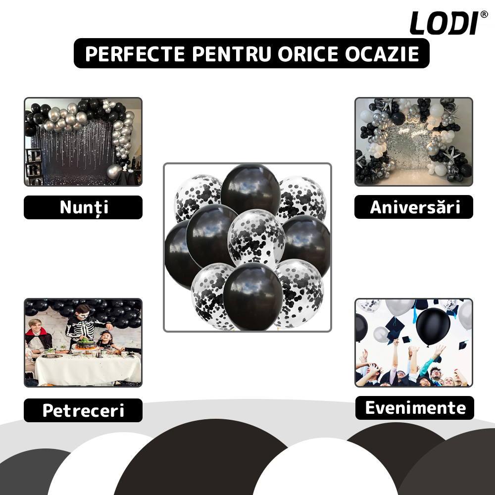 Set 10 Baloane Lodi771, Confeti, pentru Petreceri/Aniversari/Evenimente, o singura dimensiune, 2 culori, latex, negru