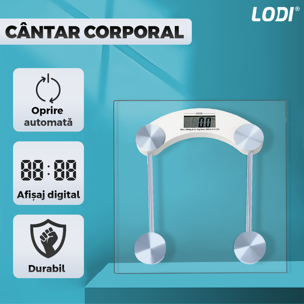 Cantar Electronic Corporal Lodi1259, patrat, afisaj digital, precizie ridicata, senzori de greutate, conversie la unitate, capacitate de 150 kg, transparent