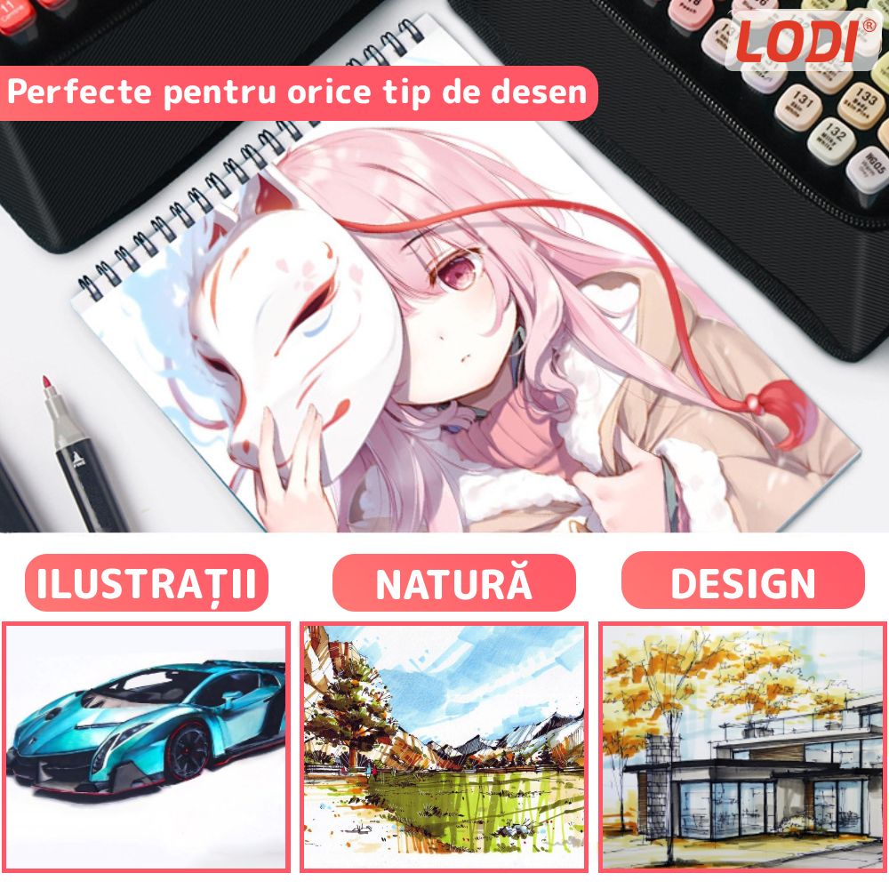 Set 120 Markere Lodi18, geanta de depozitare inclusa, 2 tipuri de varf, pe baza de alcool, culori intense, multicolor