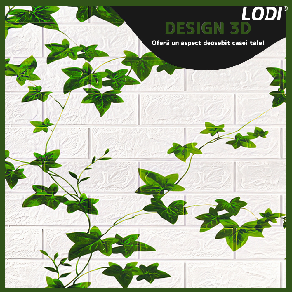 Set 10x Tapet Caramida 3D Lodi1090, model Iedera, suprafata acoperire 4.9 mp, autoadeziv, waterproof, usor de montat, design modern, 70x70 cm, alb