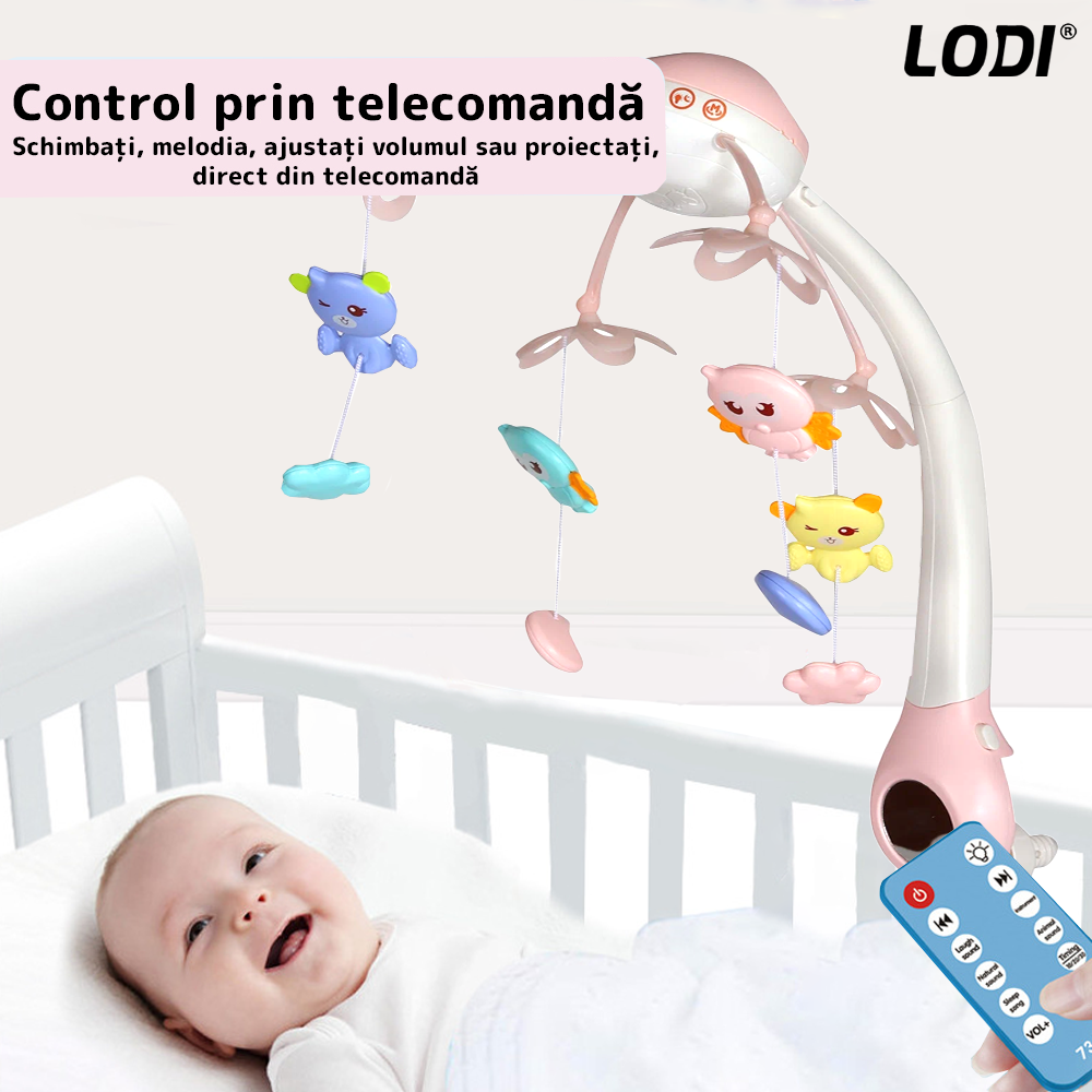 Carusel Muzical pentru Patut Lodi526, Bebe, control prin telecomanda, proiector, muzica si lumini, jucarii detasabile, roz