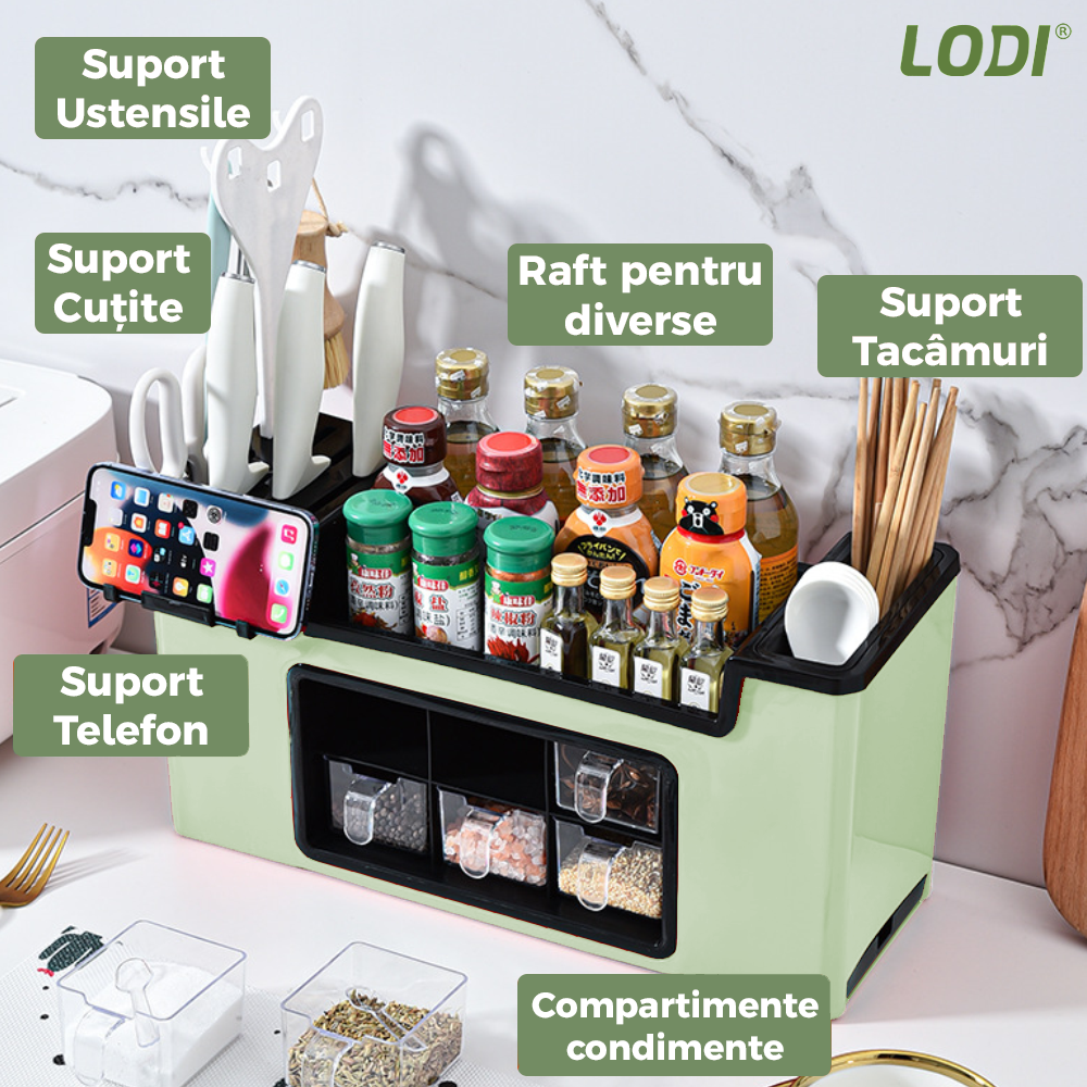 Organizator Multifunctional pentru Bucatarie Lodi683, 6 Compartimente, raft condimente, suport detasabil telefon, tavita de scurgere, suport tacamuri/ustensile, verde deschis