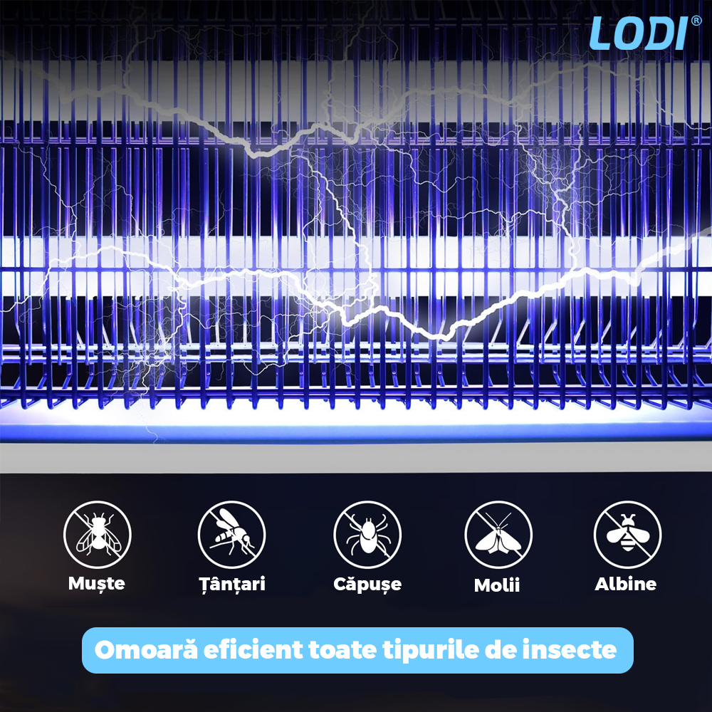 Aparat Electric Anti-Insecte Lodi1170, 4W, Insectocutor cu 2x tuburi ultraviolete, raza de actiune 200 m², unghi de propagare 360º, design modern, alb/negru