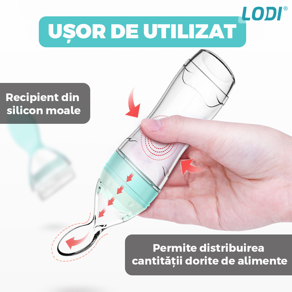 Lingurita de Silicon cu Rezervor Lodi418, polipropilena, fara BPA, termorezistenta, portabila, recipient gradat, 20.3 cm, albastru