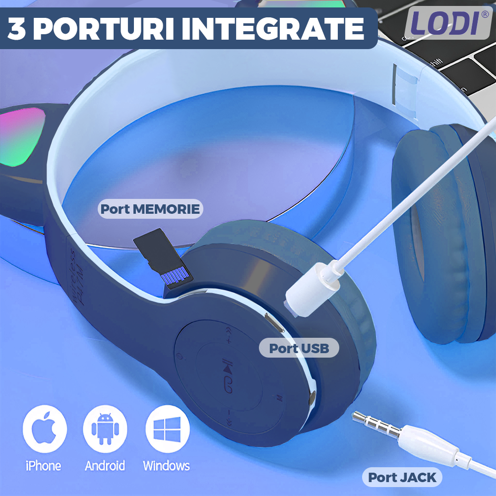 Casti Wireless Model Pisica Lodi954, P47M, overear, urechi de pisica cu iluminare RGB, bluetooth 5.0, handsfree, HiFi, bass stereo, albastru inchis
