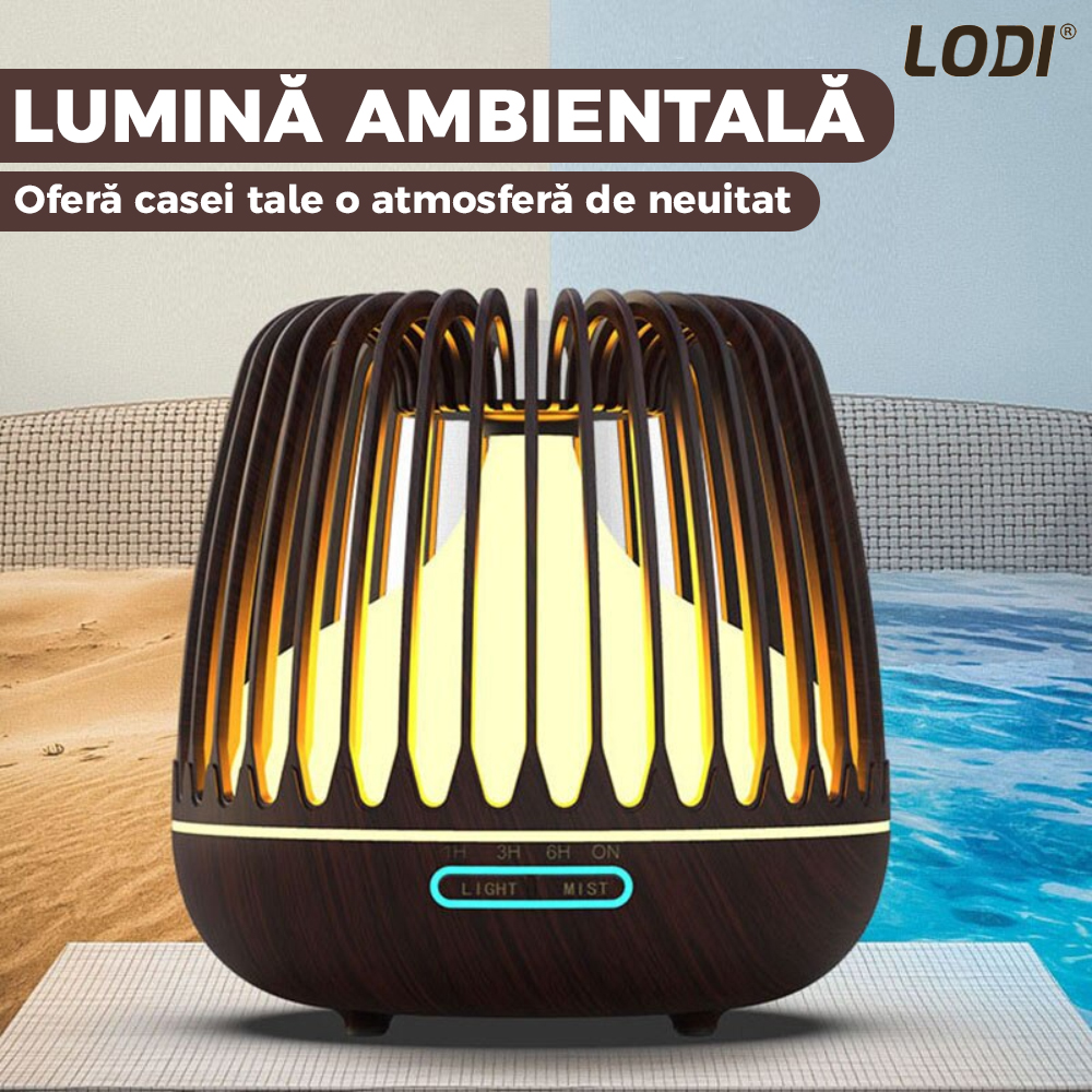 Difuzor Aromaterapie Lodi222, lumini ambientale, control manual, 3 trepte de temporizare, capacitate 500ml, silentios, umidifica aerul, stejar inchis