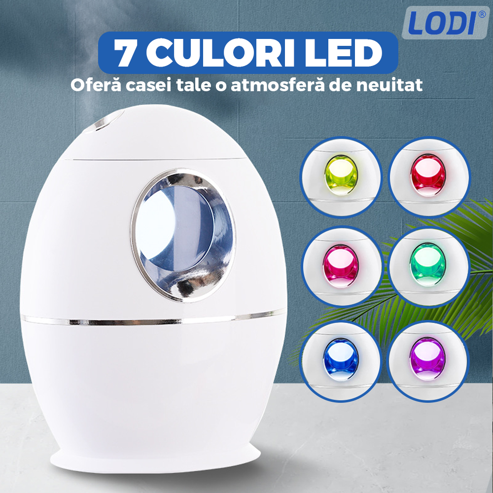Difuzor Aromaterapie Lodi606, cu ultrasunete, design minimalist, 7 culori LED, 2 moduri de eliberare a aerului, capacitate 8000ml, silentios, umidifica aerul, alb