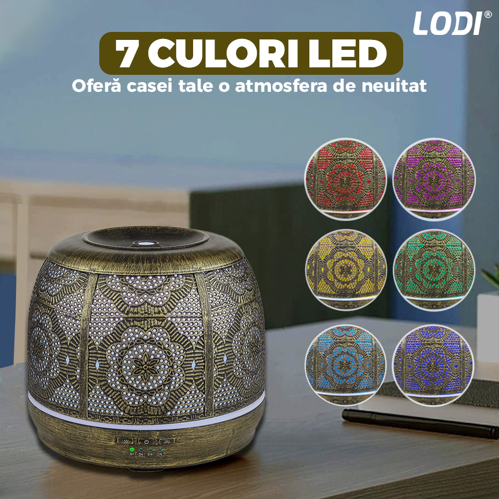 Difuzor Aromaterapie Lodi684, din metal, design vintage, 7 culori LED, 2 jocuri de lumini, capacitate 500ml, silentios, umidifica aerul, bronz