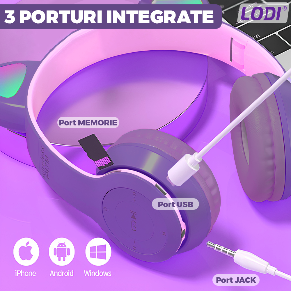 Casti Wireless Model Pisica Lodi952, P47M, overear, urechi de pisica cu iluminare RGB, bluetooth 5.0, handsfree, HiFi, bass stereo, mov