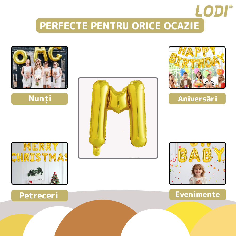 Balon in Forma de Litera M Lodi1466, metalizat, pentru Petreceri/Aniversari/Evenimente, rezistent, folie, gold, 40 cm