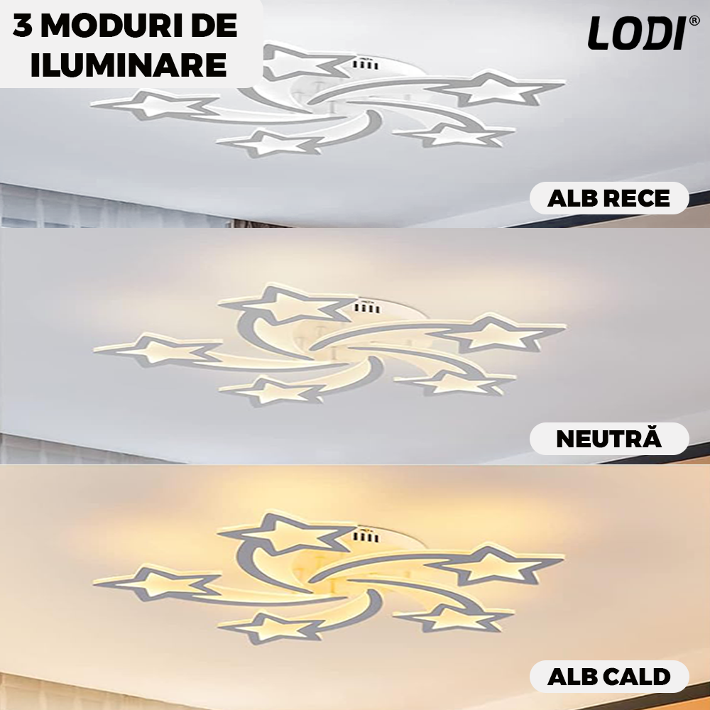 Lustra LED Model Stelute Lodi428, dimabila cu telecomanda, 3 tipuri de lumina, intensitate ajustabila, lumina alba rece, neutra, alba cald, putere 110 W, 65 cm