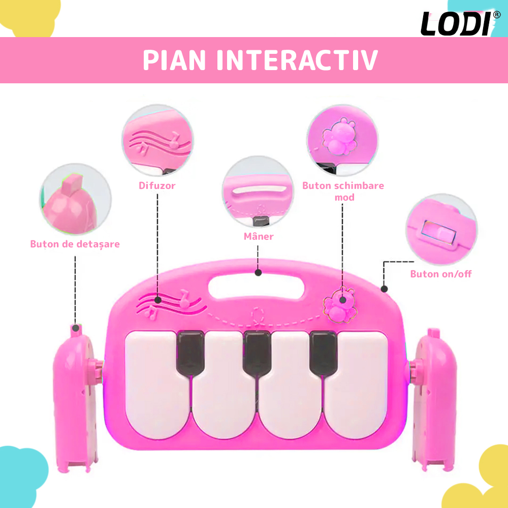 Centru de Activitati si Joaca Lodi327, saltea interactiva pentru copii cu sunete, multifunctional, pian si oglinda detasabile, jucarii zornaitoare, 4 moduri interactive si educative, roz