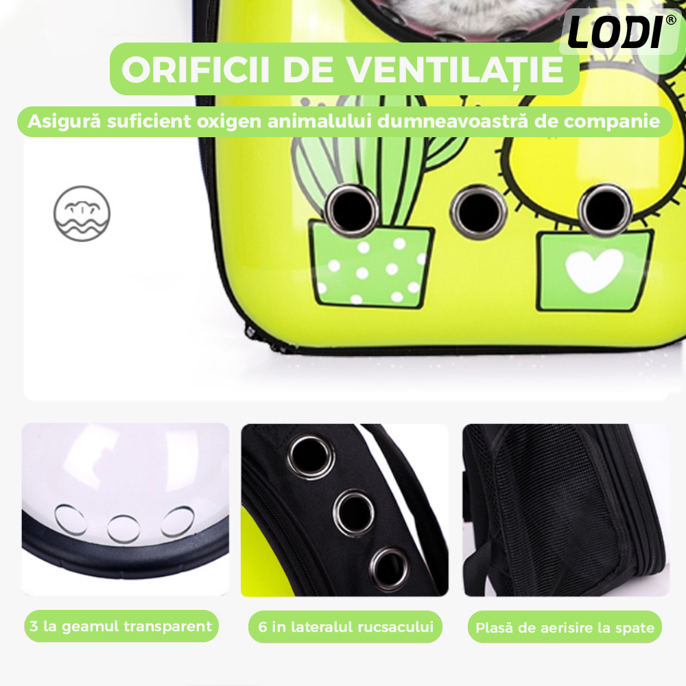 Rucsac Transport Animale Lodi27, greutate Max 7kg, hublou transparent, buzunar lateral, accesorii incluse, pentru talie mica, model Cactus, verde