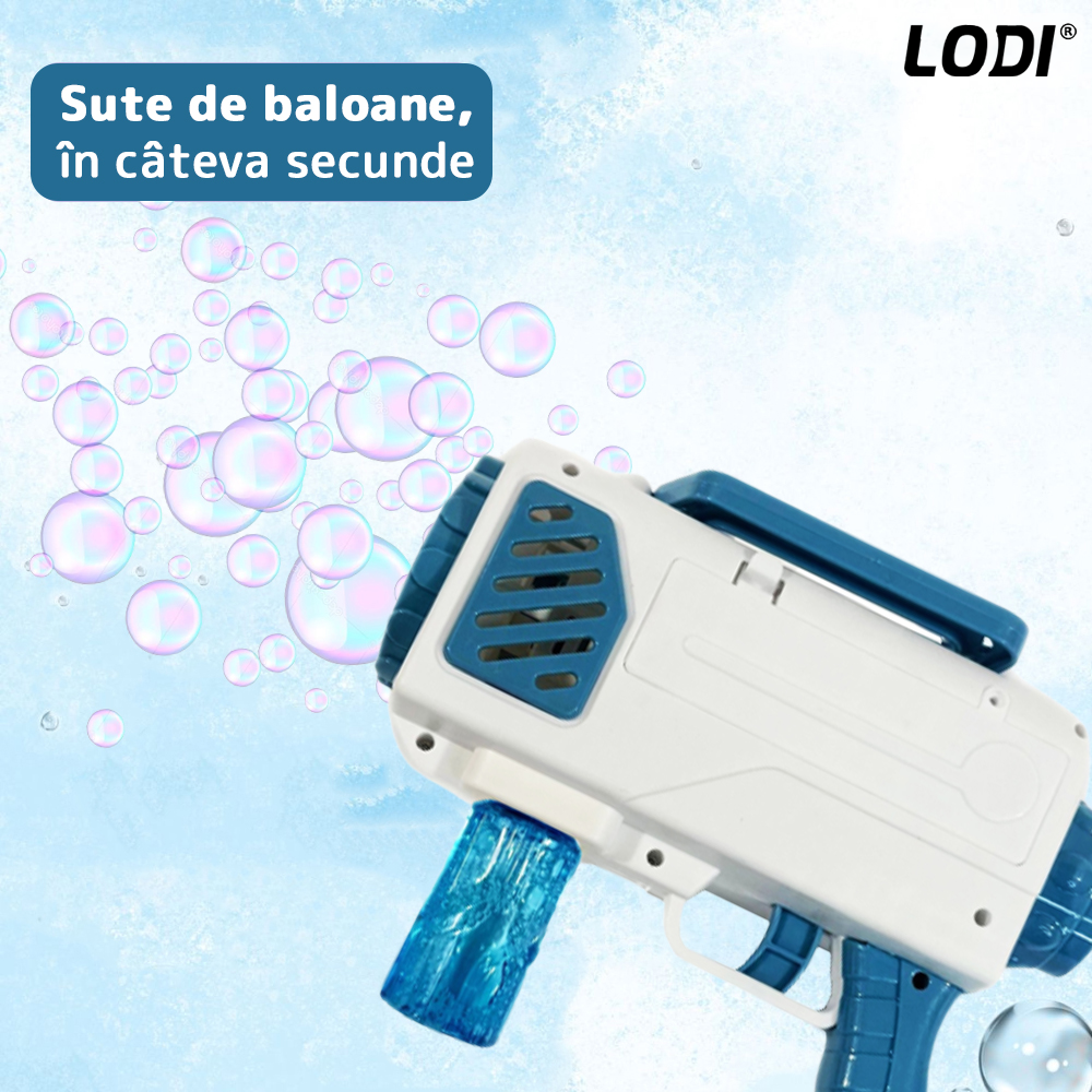 Pistol de Facut Baloane Bubble Gun Lodi66, tip Bazooka, automat, 10 orificii pentru bule, 2 rezerve incluse, alimentare cu baterii, alb/albastru